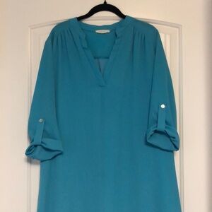 Blue 3/4 rolled sleeve v neck shift dress